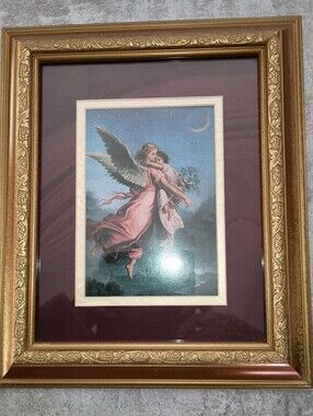 Framed Angel Print with Gold Ornate Frame and Burgundy Mat